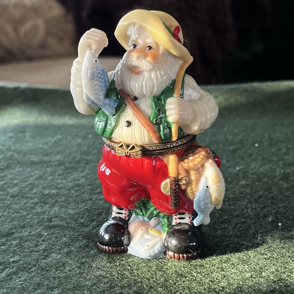 Vintage Santa Fishing Outdoors Hinged Trinket Box Fishing Pole Fish on String